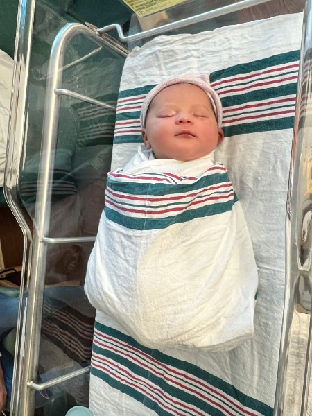 A newborn resting in a hospital bassinet